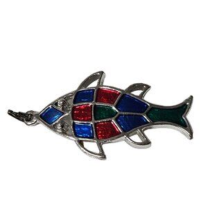 Stained Glass Style Fish Pendant Charm Silver Tone Red Blue Green Art Fishing